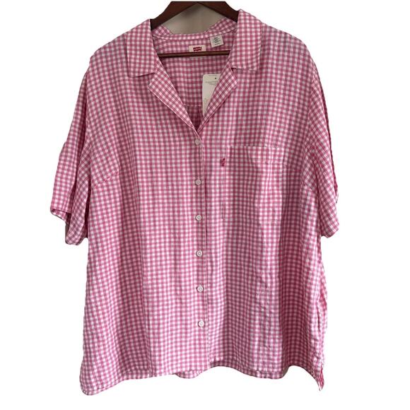 Levi's Women’s Resort Pink and White Gingham Button Down Short Sleeve Shirt 3X - Picture 1 of 12